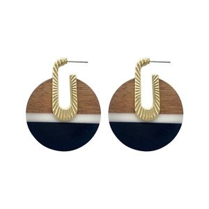 Black Acrylic and Wood Statement Post Hoop Earring